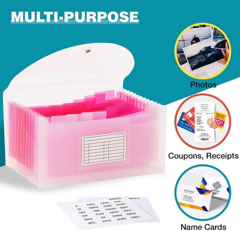 H4D Check Size 13 Pocket Expanding File Folder, Accordion File Organizer Wallet Case for Coupon Receipt Storage, 10 x 5.5 inches, Pink - Image 4
